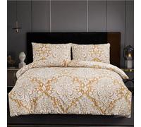 ZIYA HOMES Double Duvet Cover Set Polycotton 3 Piece - Printed Reversible Bedding, Soft Easy Care Quilt Cover with Pillowcases (Royal Damask Gold, 200x200 cm)