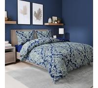 ZIYA HOMES Double Size Duvet Cover Set 3pc Poly-Cotton Quilt Cover Bedding Set Printed Hypoallergenic Reversible with Button Closure and Pillowcases Damask Blue 200cm x 200cm