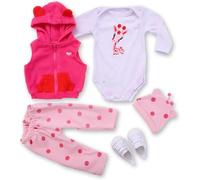 ZIYIUI Baby Doll Clothing Set, 6-Piece Pink Outfit with Hooded Vest, Bodysuit, Reborn Baby Dolls Clothes 22 inches 55 cm Polka Dot Trousers and Accessories Fits around 22 inches.
