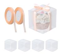 Ziyonix 50Pcs Clear Favor Boxes with Golden Pink Ribbon, 7x7x7cm Transparent Square Gift Boxes, Plastic Packaging Treat Box for Macaron Candy Cupcake, Candy Cube Box for Wedding Party Baby Shower