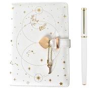 Ziyonix A5 Notebook Heart Padlock, 192 Pages Heart Lockable Journal notebook A5 Refillable Notebook with Lock Starry Leather Journal with Lock with Pen for Boys Girls Office School and Travel (White)