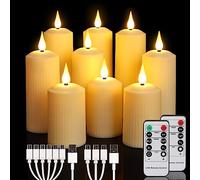 ZIYOUDOLI Rechargeable LED Candles with 10-Button Remote Control and 6/8 Hour Timer Flicker Function 9 Pieces Roman Pillar Rechargeable Candles (5x10.5/14/17cm) Outdoor Waterproof,Type-C Charging.