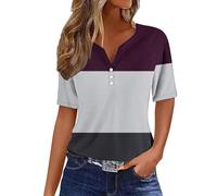 ZJADear Blouses for Women UK Casual Basic Tee Casual T Shirts Striped Tops Short Sleeve Tops Button V Neck Blouse Cute Summer for Teenage Girls Gym T Shirts Slim Fit Shirt Top Wine