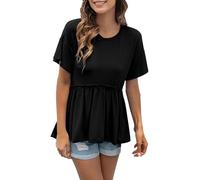 ZJADear Womens Blouses Going Out Tops Uk Women's Loose Blouses Plain Tops Pleated Bouses Short Sleeve Sexy Low Cut Basic Tees Tee Shirt Ladies Oversized Long Tunic Top Black
