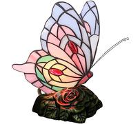 ZJART Small Tiffany Table lamp Pink Stained Glass Butterfly Style Desk Lamp 7X5X9.8 Inch Antique Light