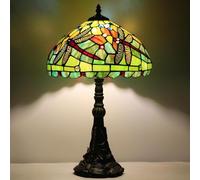 ZJART Tiffany Table Lamp Stained Glass 12X12X19 Inch Green Red Dragonfly | Antique Reading Light