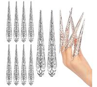 ZJchao 10 Pack Ancient Queen Costume Fingertip Claw Nail Rings, Long Pointed Toe Golden Silver Finish, with Rust Proof Durable Material, for Cosplay Drama Dance Show Accessory (#1)