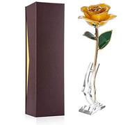 ZJchao 24K Gold Rose Artificial Flower Long Stem Dipped Trim In Gold Gift Box With Stand For Wife Mom Girl Valentines Day Birthday Christmas Anniversary Decoration Gifts Yellow Rose