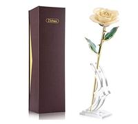 ZJchao 24k Gold Rose, Gold Plated Long Stem Green Leaf Forever Rose, Real Rose Flower, Elegant Handmade Design, Perfect Gift for Lover on Birthday, Anniversary, Mother's Day (Beige)