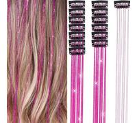 ZJchao In Hair Tinsel Set Sparkling Glitter Hair Extensions Heat Fairy Hair Accessories For Women Girls Kids 6PCS 19.6 Inch Gold Silver Rose Red Red Sapphire Lake Blue (Rose Red)
