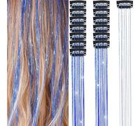 ZJchao In Hair Tinsel Set Sparkling Glitter Hair Extensions Heat Fairy Hair Accessories For Women Girls Kids 6PCS 19.6 Inch Gold Silver Rose Red Red Sapphire Lake Blue (Sapphire)