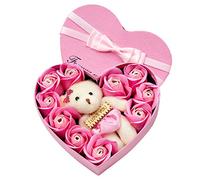 ZJchao Scented Soap Flower Gift Rose Box Bouquet 10 Heart Shaped Rose Soaps In Elegant Gift Box For Weddings Birthdays Mother Day Red Pink 17x15 5x5cm (Pink)