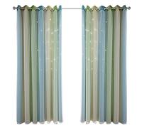 ZJchao Star Curtains, Curtains Hollow Star Yarn Gradient Curtains Stitch Curtains For Girls Bedroom Blue Ombre Curtains Home Use (Green 40W x 52L)