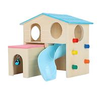 ZJchao Wooden Hamster Fun House with Climbing Pathways, Slides & Jingle Bell, Playground for Active Pets Blue (Blue)