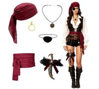 ZJEEACO Pirate Costume Women, 6PCS Pirate Accessories for Ladies with Pirates Hat, Belt, Eye Patch, Sword Leg Band, Adults Fancy Bandana & Corset for Halloween, Red Female Outfits for Role Play Party