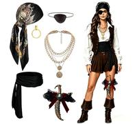 ZJEEACO Pirate Costume Women, 6PCS Pirate Accessories for Ladies with Pirates Hat, Belt, Eye Patch, Sword Leg Band, Adults Fancy Bandana & Corset for Halloween, Red Female Outfits for Role Play Party