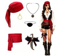 ZJEEACO Pirate Costume Women, 6PCS Pirate Accessories for Ladies with Pirates Hat, Belt, Eye Patch, Sword Leg Band, Adults Fancy Bandana & Corset for Halloween, Red Female Outfits for Role Play Party