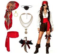 ZJEEACO Pirate Costume Women, 6PCS Pirate Accessories for Ladies with Pirates Hat, Belt, Eye Patch, Sword Leg Band, Adults Fancy Bandana & Corset for Halloween, Red Female Outfits for Role Play Party