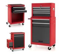 ZJFHEYUO 2-in-1 Rolling Tool Cart with Lock, Heavy-Duty Metal Tool Trolley, 6 Drawers & Hooks, Ideal for Garage & Workshop - Red Tool nizer on Wheels