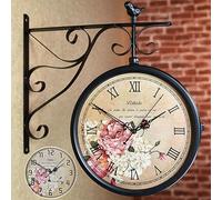 ZJFHEYUO Double Sided Clock, Metal Iron Vintage Wall Clock for Outdoor Decorative Wall Art Antique Retro Wall Clock, Waterproof European Style Wall-Mounted Train Station Clock