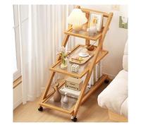 ZJFHEYUO Multi layer Wood Storage Trolley with Rattan Countertop and Foldable Design Mobile Ladder Shelf Coffee Cart Trolley for Living Room Bedroom Kitchen Brown 3 Layers