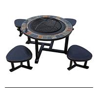 ZJFHEYUO Outdoor Charcoal cast Iron Marble Round fire Pit Table Full Set of Tables and Chairs one Table Dual Purpose Multifunctional Easy-to-Clean Barbecue Stove