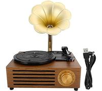 ZJFHEYUO Phonograph Vintage Turntables with Wireless Speakers,Record Player,CD Player/3.5mm Aux-in/FM Radio/USB,Wood Gramophone with Copper Horn for Office/Home Decor