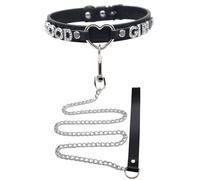 ZJFHTD Bling Letters Gothic Choker Necklace with Leash Ring Chain Set Adjustable Unisex Body Jewelry,Heart Shape Circle Ring Punk Leather Collar for Women Men
