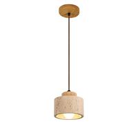 ZJHAHJY Wabi Sabi Natural Stone Pendant Light - Rustic Wood Cylinder Shade Hanging Lamp for Dining Room, Kitchen Island, Farmhouse Bedroom, Bar Wood Color Short