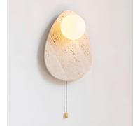 ZJHAHJY Wabi-sabi Style Stone Wall Lamp, Nordic Natural Marble Lighting with Pull Switch, Milky White Glass Globe Sconce, Yellow Travertine Art Wall Light for Bedroom Living Room Hallway