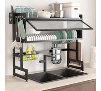 ZJHESXV Over the Sink Dishes Drainer Dish Drying Rack with Flip Cover, 3-Tiers Kitchen Dishes Storage Shelf Utensil Holder, Storage Basket, Cutting Board Holder, 6 Hook (105 * 30 * 80 cm)