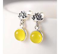 ZJHQQB Fashion Creativity S925 Sterling Silver Jewelry Vintage Thai Silverni Cute Topaz Green Agate Ear Stud Earring/Yellow Chalcedony, Yellow,Green,Silver