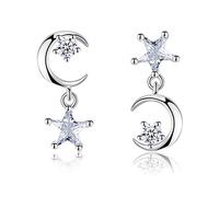 ZJHQQB Moon Star Dangle Small Hoop Earrings for Women Girls Sterling Silver Crystal Asymmetrical Snowflake Drop Jewelry Delicate Fashion Birthday Gifts,