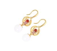 ZJHQQB S925 Sterling Silver Vintage Flower Ear Hook Red Agate Pendant Zircon Earrings Sandblasted Cloud White Jade Earrings Gold, Gold