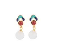 ZJHQQB S925 Sterling Silver White Jade Stud Earrings Female Gold-Plated Retro Style Ethnic Style Nephrite White Jade Pendant Burnt Blue Round Agate Earrings Gold, Gold