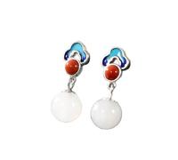 ZJHQQB S925 Sterling Silver White Jade Stud Earrings Female Gold-Plated Retro Style Ethnic Style Nephrite White Jade Pendant Burnt Blue Round Agate Earrings Gold, Silver