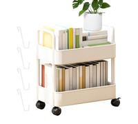 Zjhukfmc 2 Tier Movable Bookshelf Cart, 2 Tier Rolling Book Cart, Movable Book Storage Rack Snack Storage Cart With Hooks,Kitchen Storage Rack On Wheels,Multi Functional Storage Organizer,37x25x43.5cm