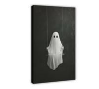 ZJIXAOSD Ghost on The Swing, Cute Little Ghost Face, Weird Gothic Dark College Style Canvas Modern Poster Wall Art Prints Paintings Living Room Bedroom Decor 20x30inch(50x75cm)