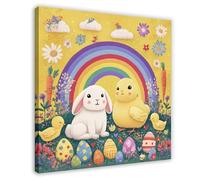 ZJIXAOSD Vintage Easter Market Art Print - Colorful Eggs And Bunny Home Decor Canvas Wall Art Posters And Prints Room Aesthetic Bedroom Office Decor 16x16inch(40x40cm)