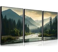 ZJJARTYB 3 Pcs Misty Forest Nature Landscape Wall Art Prints Mountain Forest River Canvas Posters Printing Dark Green Landscape Trees Plants Wall Decor Pictures 16x24in Unframed