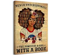 ZJJARTYB Black Girl Inspirational Wall Art Print African American Canvas Poster NEVER UNDERESTIMATE THE POWER OF A GIRL HOLDING A BOOK Painting Pictures Black Women Girls Wall Decor 12x16in