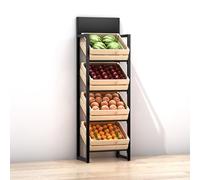 ZJKXJH 4 Tier Wood Fruit And Vegetable Basket Stand Rack, Commercial Produce Potatoes And Onions Floor Storage, Detachable Supermarket Retail Display Holder/Wine Shelf(Black Rack+Wooden Basket)
