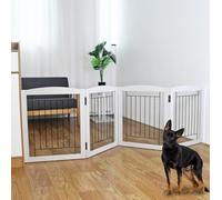 ZJSF Freestanding Foldable Dog Gate for House Extra Wide Wooden White Indoor Puppy Gate Stairs Dog Gates Doorways Tall Pet Gate 4 Panels Fence 80‘’W x 24''H