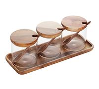 ZJX0769 Rustic Natural 3 Pack 250ml Clear Glass Spice Jar with Acacia Wood Lid and Spoon, 3.2" Round Storage Container