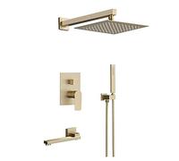 Brass Shower System with Top Spray Rainfall Showerhead Handheld Shower, Brushed Gold Shower Faucet Set Bath tap Shower Kit,12Inch
