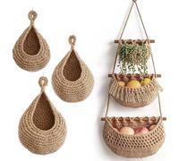 Zjyufy 4pcs Hanging Fruit Basket Set, Hanging Vegetable Fruit Basket for Kitchen, Teardrop Hanging Storage Basket Handwoven Wall Mounted Storage Basket for Kitchen Porch Storage Tomato Potato Onion