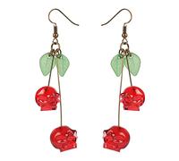 ZKBKJSPZJB Handmade Halloween Cherry Skull Earrings Red Skull Earrings Pinup Earrings Kitsch Pin Up Funky Earrings Quirky Earrings Brass Resin
