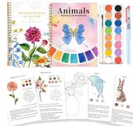 ZKDQB 2 Pack Water Colouring Books with 16 Colors Paint Set and 2 Brushes | 24 Pages Watercolour Paper, Water Colours Paint Set for Adults, Beginner Friendly, Detailed Steps, Animals and Flowers