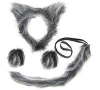 ZKFSIE 3Pcs Wolf Costume Accessory Set, Grey Wolf Ears, Gloves & Tail for Kids & Adults, Animal Costume for Halloween Party Cosplay