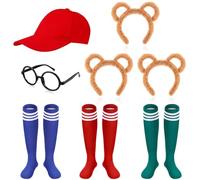ZKFSIE 8 Pcs Chipmunk Costume Accessory Set: 3 Ears Headbands, 3 Knee-High Socks, Glasses, Red Baseball Hat - Unisex Adults, Red, Animal, Halloween, Cosplay, Masquerade, Stage Performance